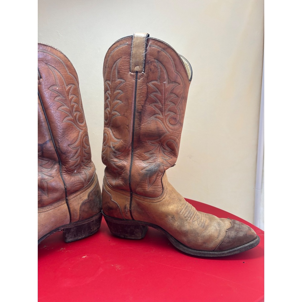 Vintage Tan‎ Brown Leather Western Cowboy Boots Pointed Toe Mens 9.5 D 71629 - Picture 5 of 12